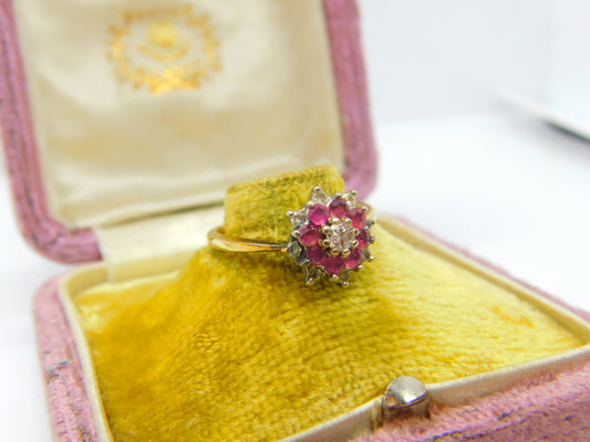 18ct Gold, Ruby & 0.2ct Diamond Floral Cluster Ring Vintage 1978 London