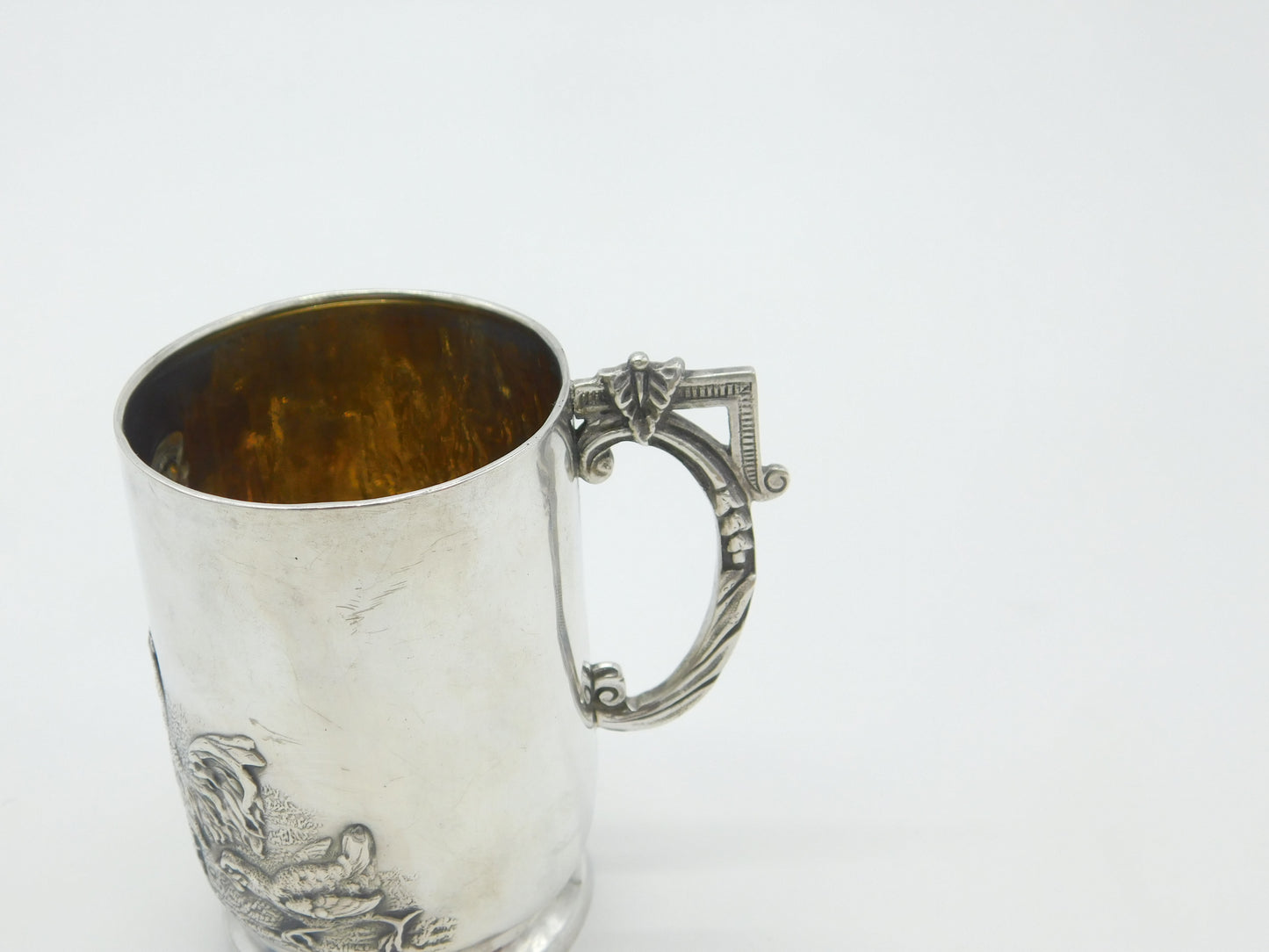 Edwardian Sterling Silver Child Feeding Chickens Tankard Mug Antique 1906