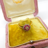 18ct Gold, Ruby & 0.2ct Diamond Floral Cluster Ring Vintage 1978 London