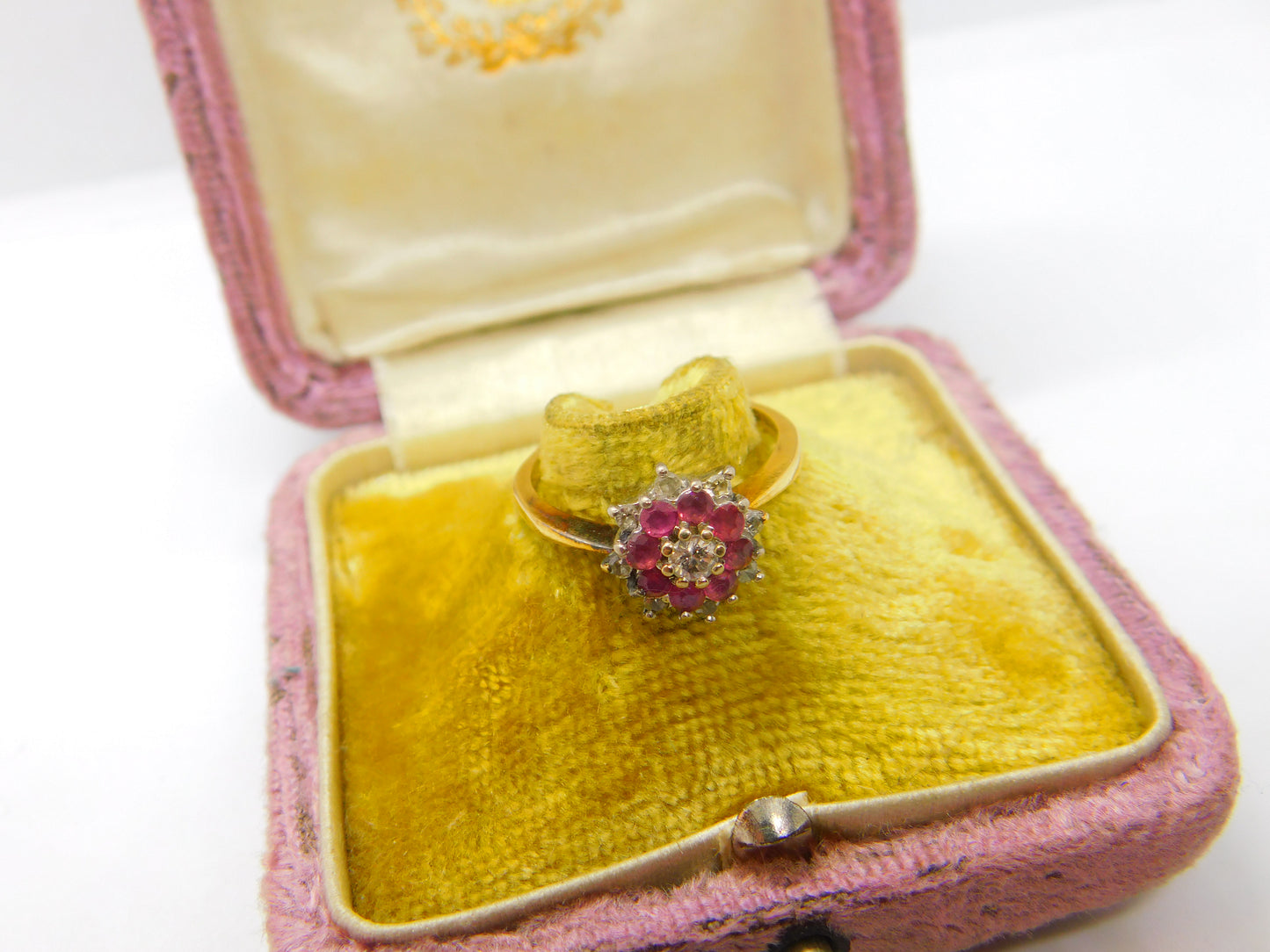 18ct Gold, Ruby & 0.2ct Diamond Floral Cluster Ring Vintage 1978 London