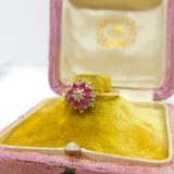 18ct Gold, Ruby & 0.2ct Diamond Floral Cluster Ring Vintage 1978 London
