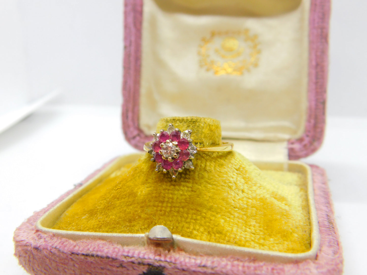 18ct Gold, Ruby & 0.2ct Diamond Floral Cluster Ring Vintage 1978 London