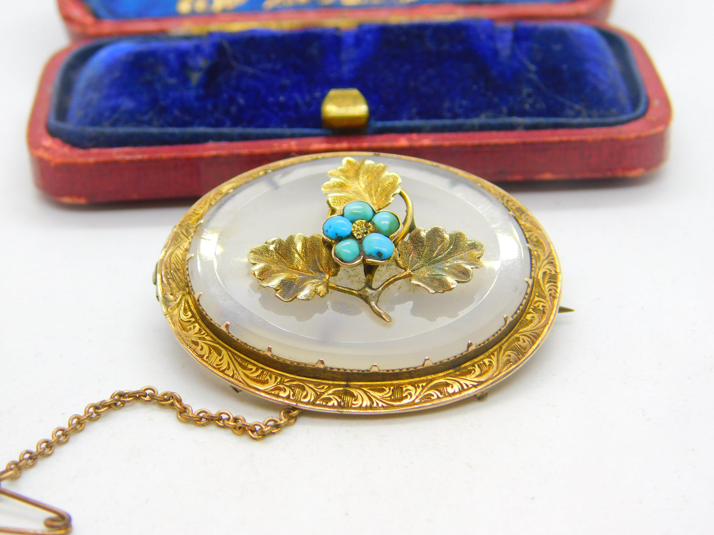 Victorian 9ct Yellow Gold, Chalcedony & Turquoise Set Oak Leaf Brooch c1860