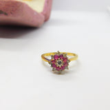 18ct Gold, Ruby & 0.2ct Diamond Floral Cluster Ring Vintage 1978 London