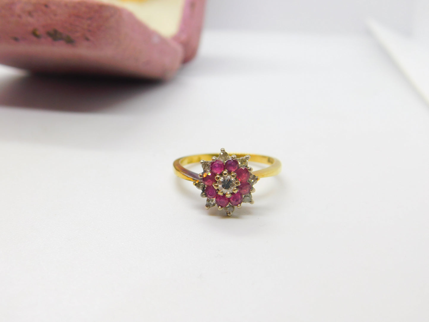 18ct Gold, Ruby & 0.2ct Diamond Floral Cluster Ring Vintage 1978 London