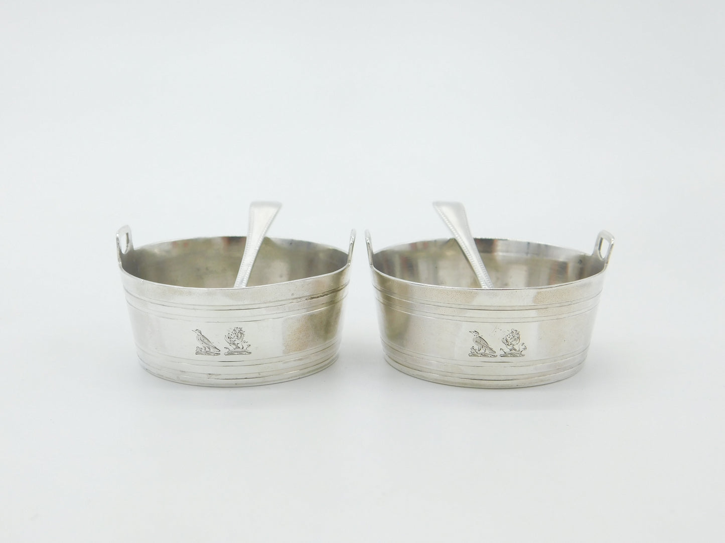 Pair Of Victorian Pail Bucket Salt Cellars Antique 1870 London Bird Crests