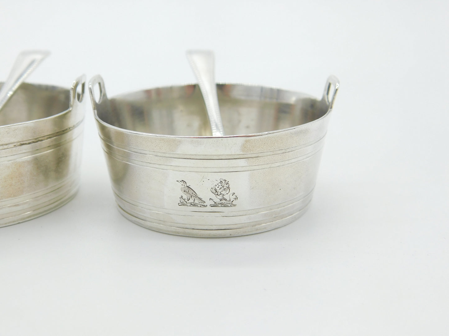 Pair Of Victorian Pail Bucket Salt Cellars Antique 1870 London Bird Crests