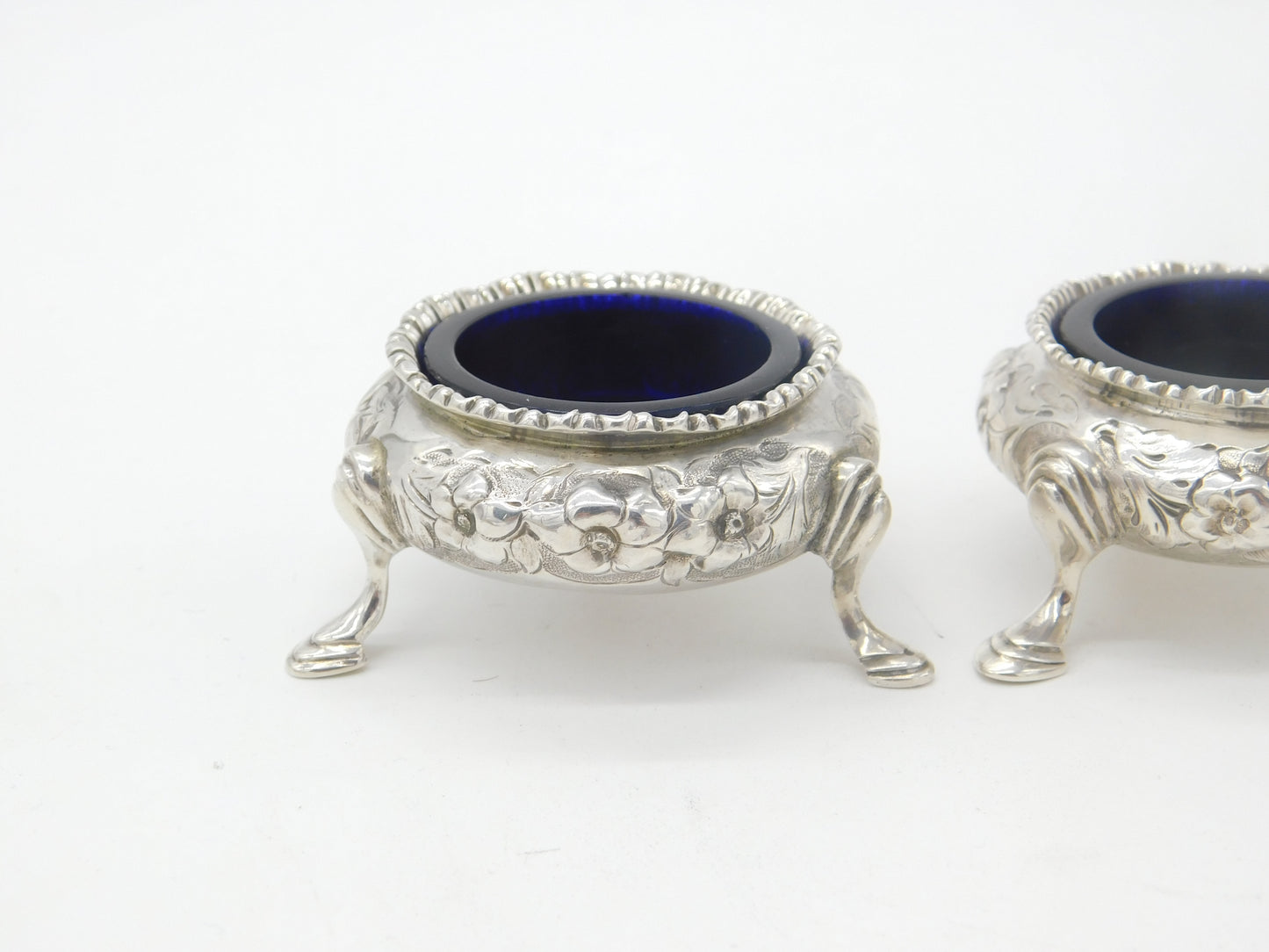 Victorian Sterling Silver Pair of Floral Salt Cellars 1869 London Robert Hennell