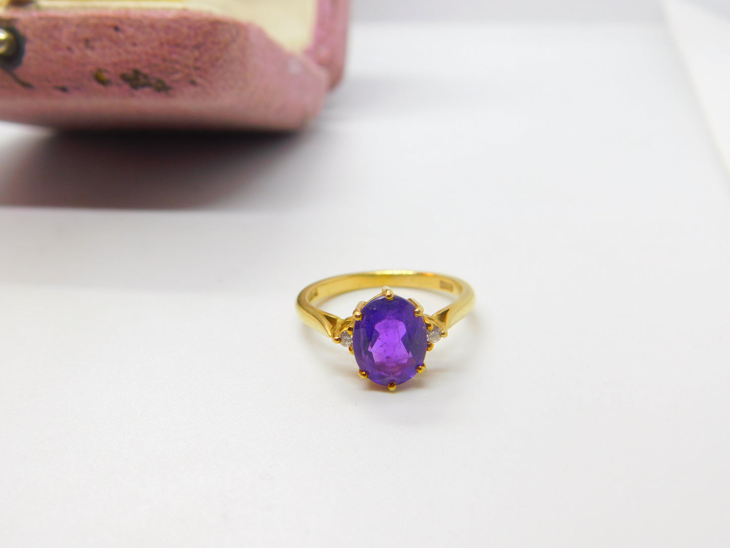 18ct Yellow Gold, Purple Amethyst & Diamond Band Ring Vintage 1982 London