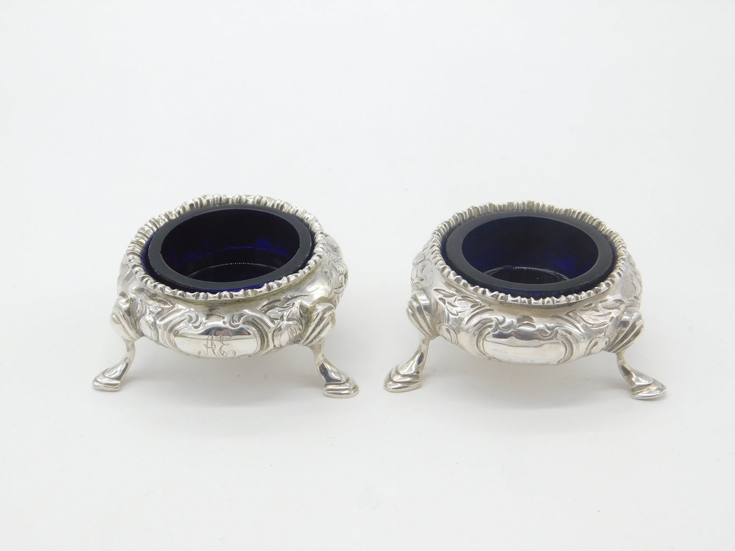 Victorian Sterling Silver Pair of Floral Salt Cellars 1869 London Robert Hennell