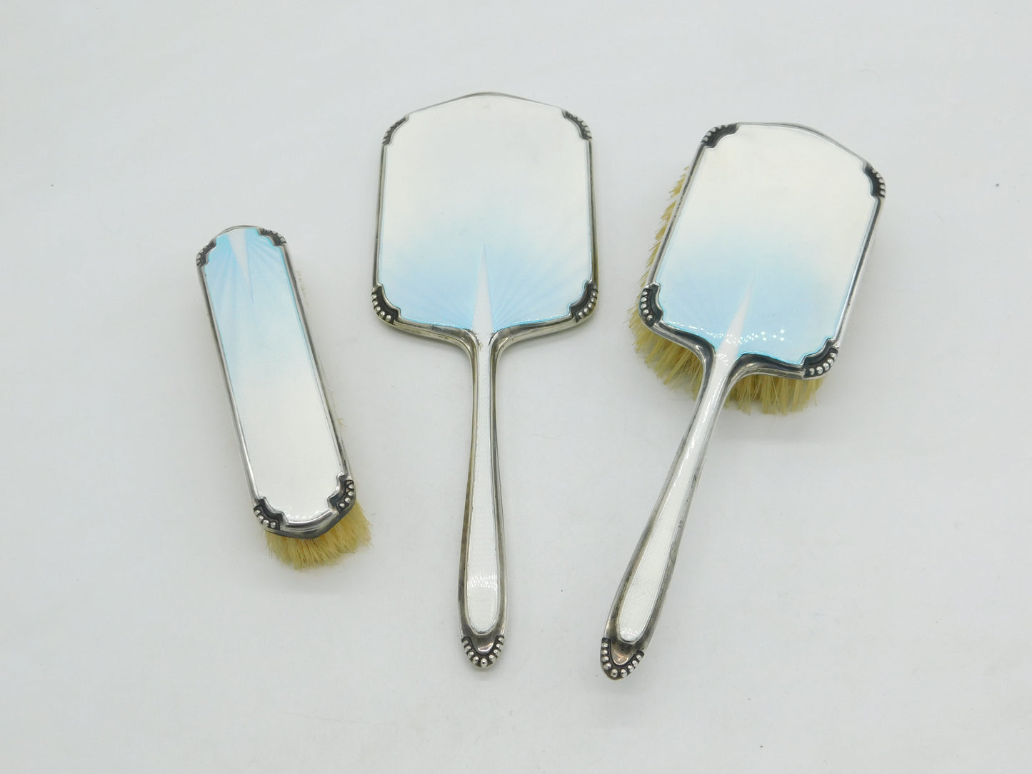 Sterling Silver Sky Blue Guilloche Enamel Vanity Set Antique 1938 Chester Deco