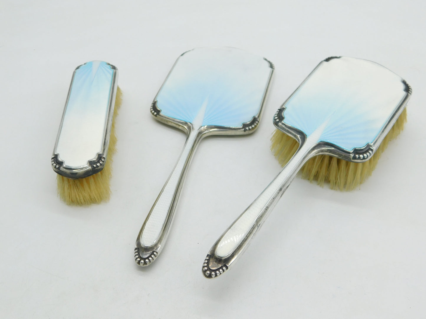 Sterling Silver Sky Blue Guilloche Enamel Vanity Set Antique 1938 Chester Deco