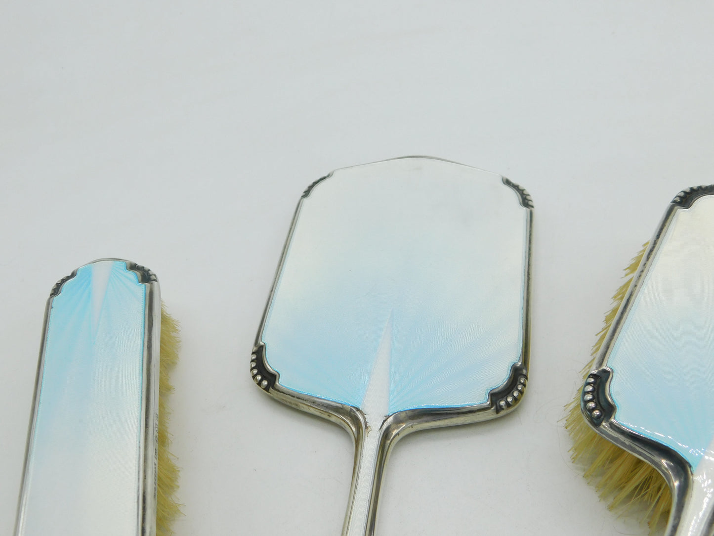 Sterling Silver Sky Blue Guilloche Enamel Vanity Set Antique 1938 Chester Deco