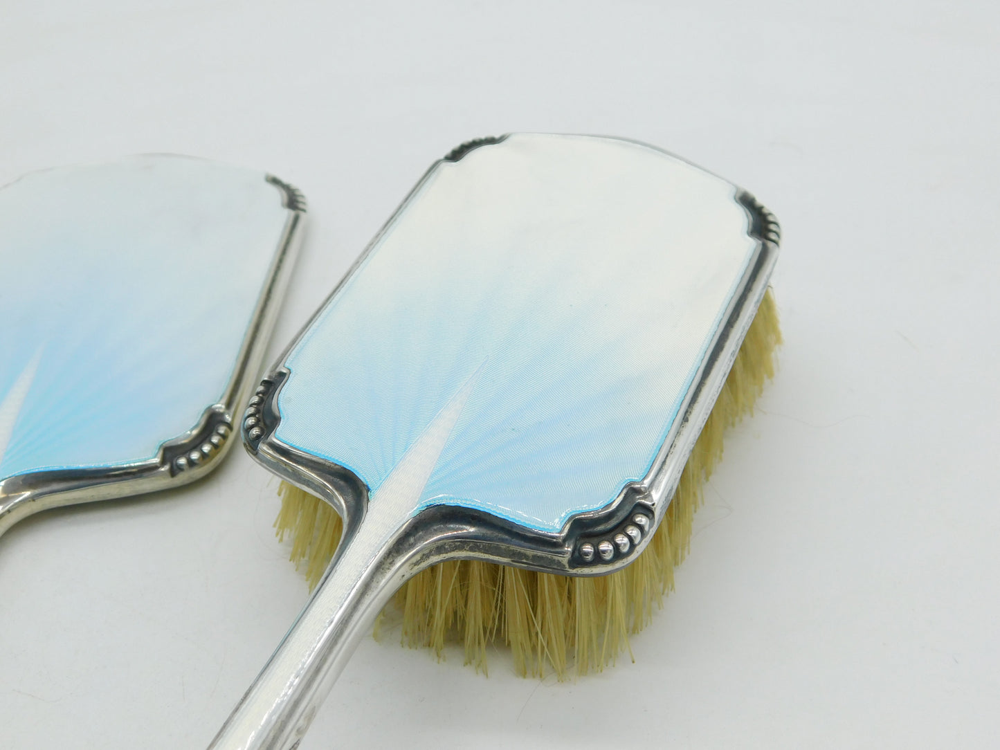 Sterling Silver Sky Blue Guilloche Enamel Vanity Set Antique 1938 Chester Deco