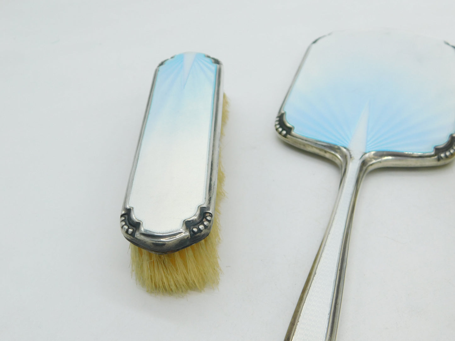 Sterling Silver Sky Blue Guilloche Enamel Vanity Set Antique 1938 Chester Deco