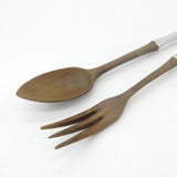 Set of Sterling Silver Handled & Olive Wood Salad Servers Antique c1920 Art Deco