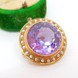 Victorian 9ct Gold, Seed Pearl & Amethyst Paste Set Brooch Antique c1890