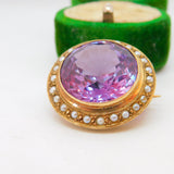 Victorian 9ct Gold, Seed Pearl & Amethyst Paste Set Brooch Antique c1890