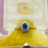 18ct Yellow Gold, Sapphire & Diamond Floral Cluster Ring Vintage 1990 Sheffield