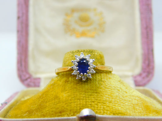 18ct Yellow Gold, Sapphire & Diamond Floral Cluster Ring Vintage 1990 Sheffield