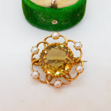 Edwardian 9ct Yellow Gold, Pearl & Citrine Floral Brooch Antique c1910