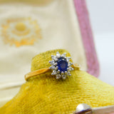 18ct Yellow Gold, Sapphire & Diamond Floral Cluster Ring Vintage 1990 Sheffield
