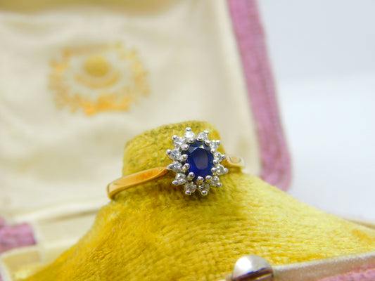 18ct Yellow Gold, Sapphire & Diamond Floral Cluster Ring Vintage 1990 Sheffield