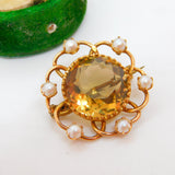 Edwardian 9ct Yellow Gold, Pearl & Citrine Floral Brooch Antique c1910