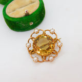 Edwardian 9ct Yellow Gold, Pearl & Citrine Floral Brooch Antique c1910