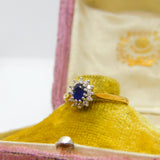 18ct Yellow Gold, Sapphire & Diamond Floral Cluster Ring Vintage 1990 Sheffield