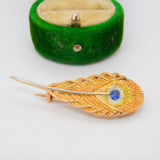 18ct Tri-Colour Gold & Sapphire Peacock Feather Dress Brooch Vintage c1980