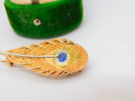 18ct Tri-Colour Gold & Sapphire Peacock Feather Dress Brooch Vintage c1980