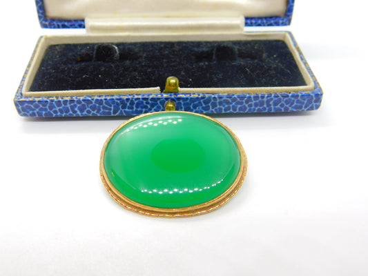 9ct Yellow Gold & Carved Green Agate Brooch Pin Vintage 1994 Birmingham