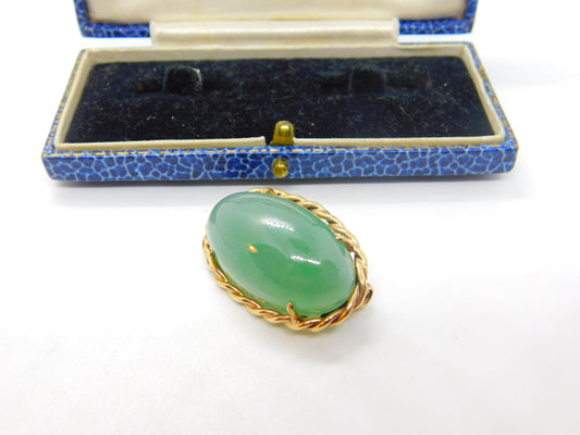 9ct Yellow Gold Rope Twist Border & Cabochon Aventurine Pendant or Brooch Vintag