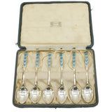 Boxed Liberty & Co. Sterling Silver Peacock Feather Enamel Arts & Crafts Teaspoons Antique 1928