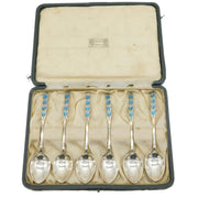 Boxed Liberty & Co. Sterling Silver Peacock Feather Enamel Arts & Crafts Teaspoons Antique 1928