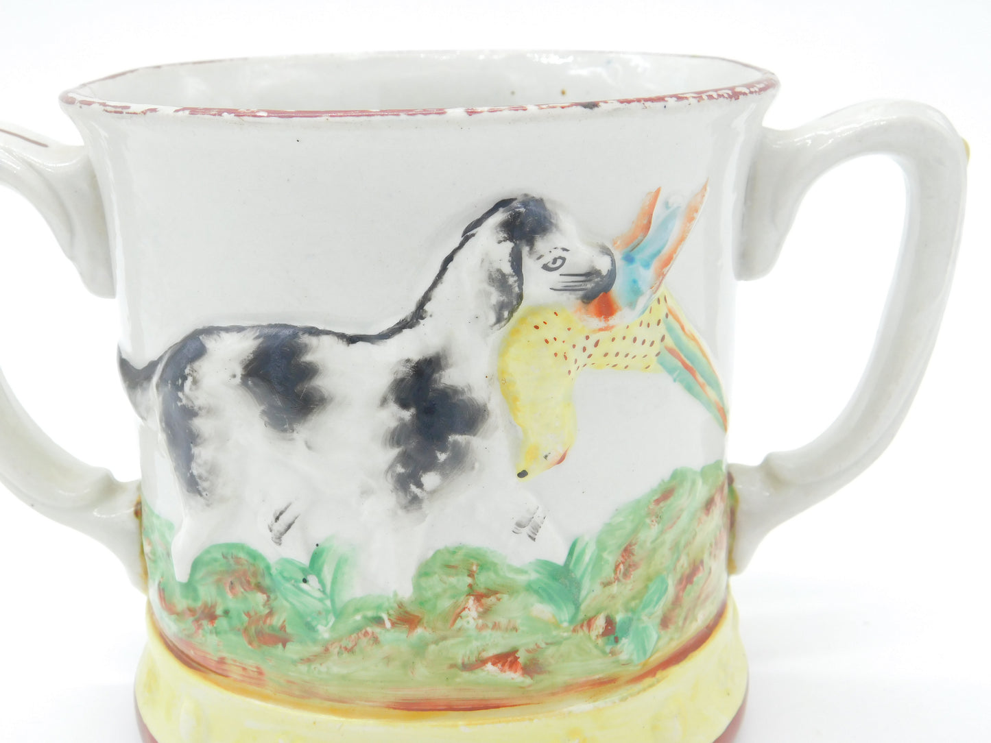 Large Victorian Staffordshire Frog Mug with Shooting Interest Antique c1850