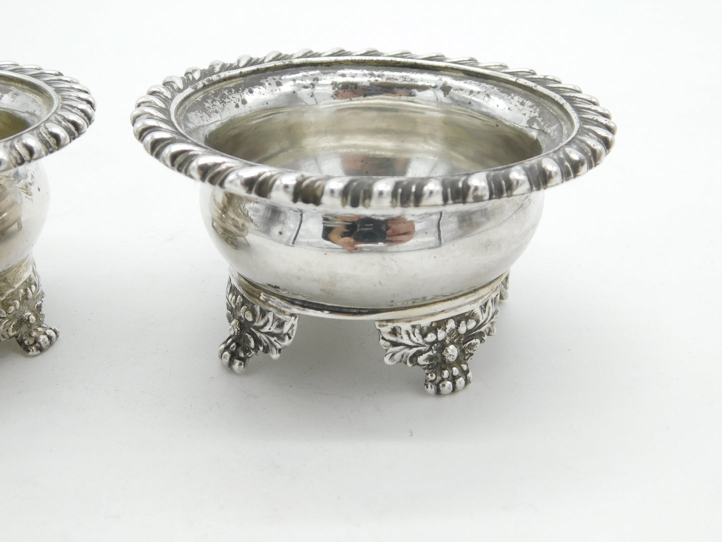 Georgian Pair of Large Sterling Silver Floral Pattern Salt Cellars 1824 London