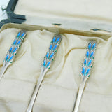 Boxed Liberty & Co. Sterling Silver Peacock Feather Enamel Arts & Crafts Teaspoons Antique 1928