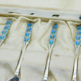 Boxed Liberty & Co. Sterling Silver Peacock Feather Enamel Arts & Crafts Teaspoons Antique 1928