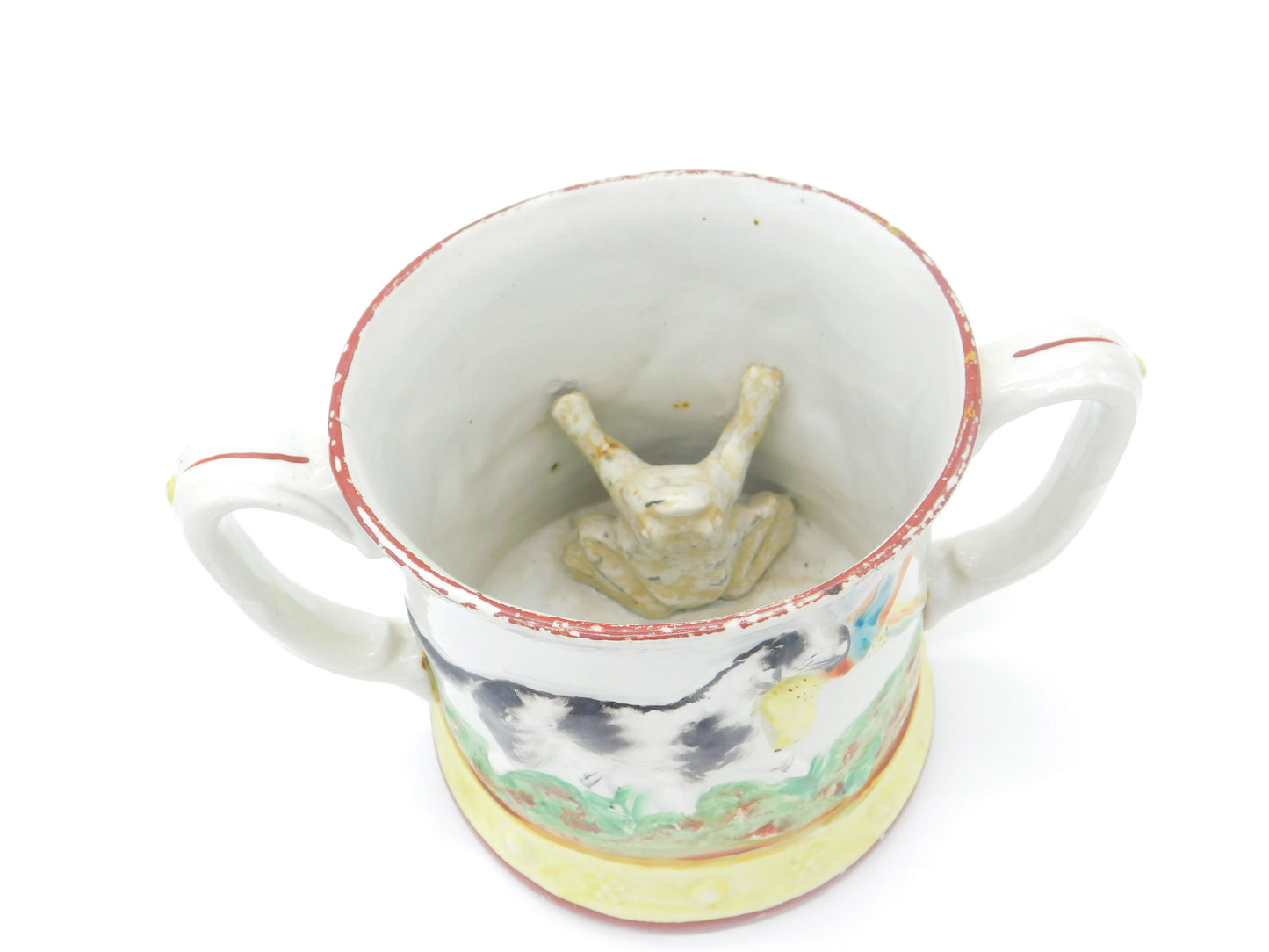 Large Victorian Staffordshire Frog Mug with Shooting Interest Antique c1850