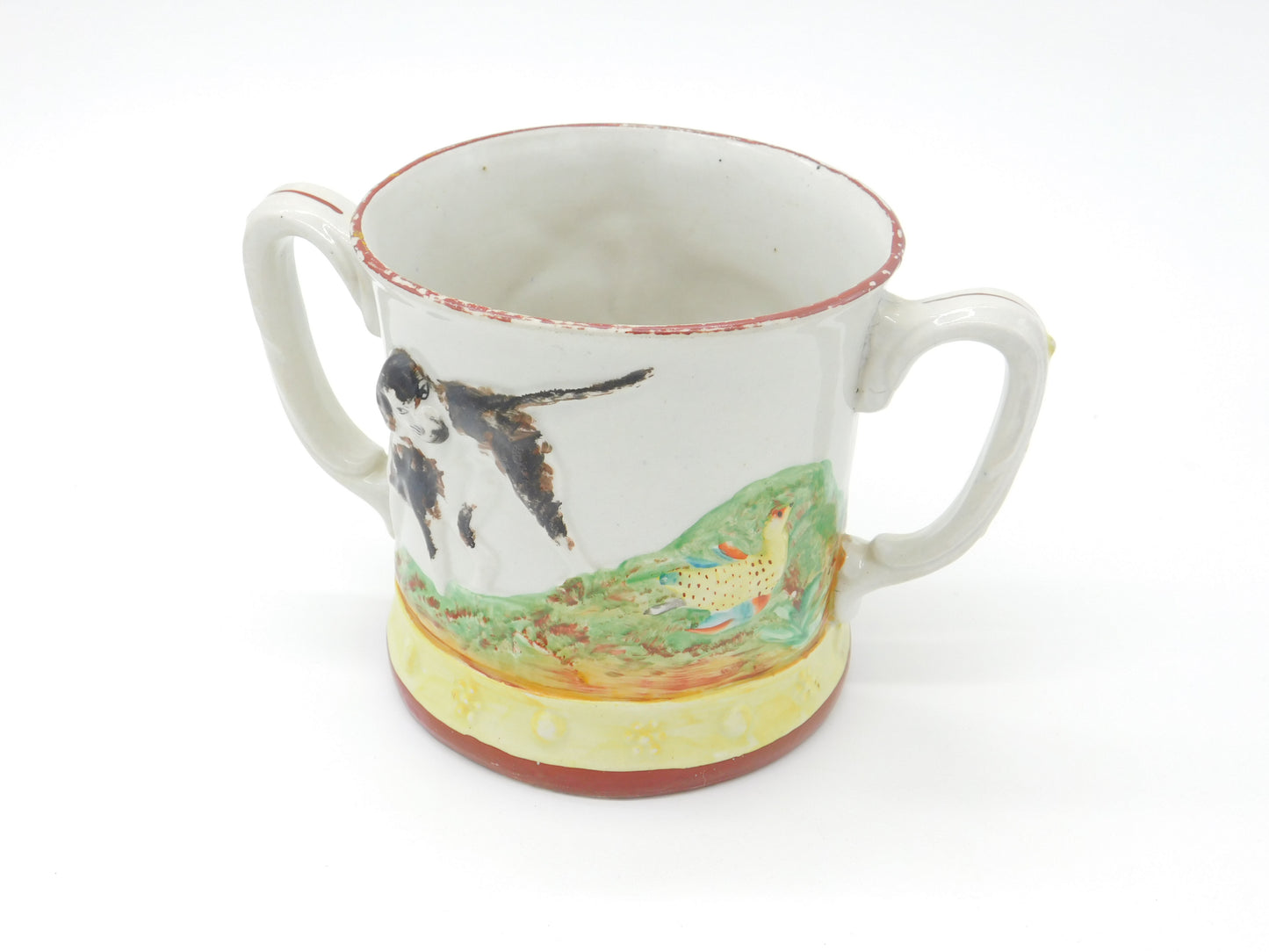 Large Victorian Staffordshire Frog Mug with Shooting Interest Antique c1850