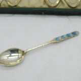 Boxed Liberty & Co. Sterling Silver Peacock Feather Enamel Arts & Crafts Teaspoons Antique 1928