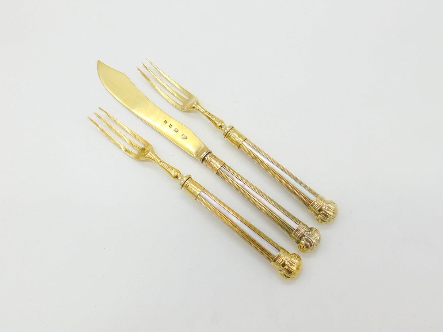 Sterling Silver Gilt & Mother of Pearl Fish Cutlery Set Antique 1930 London