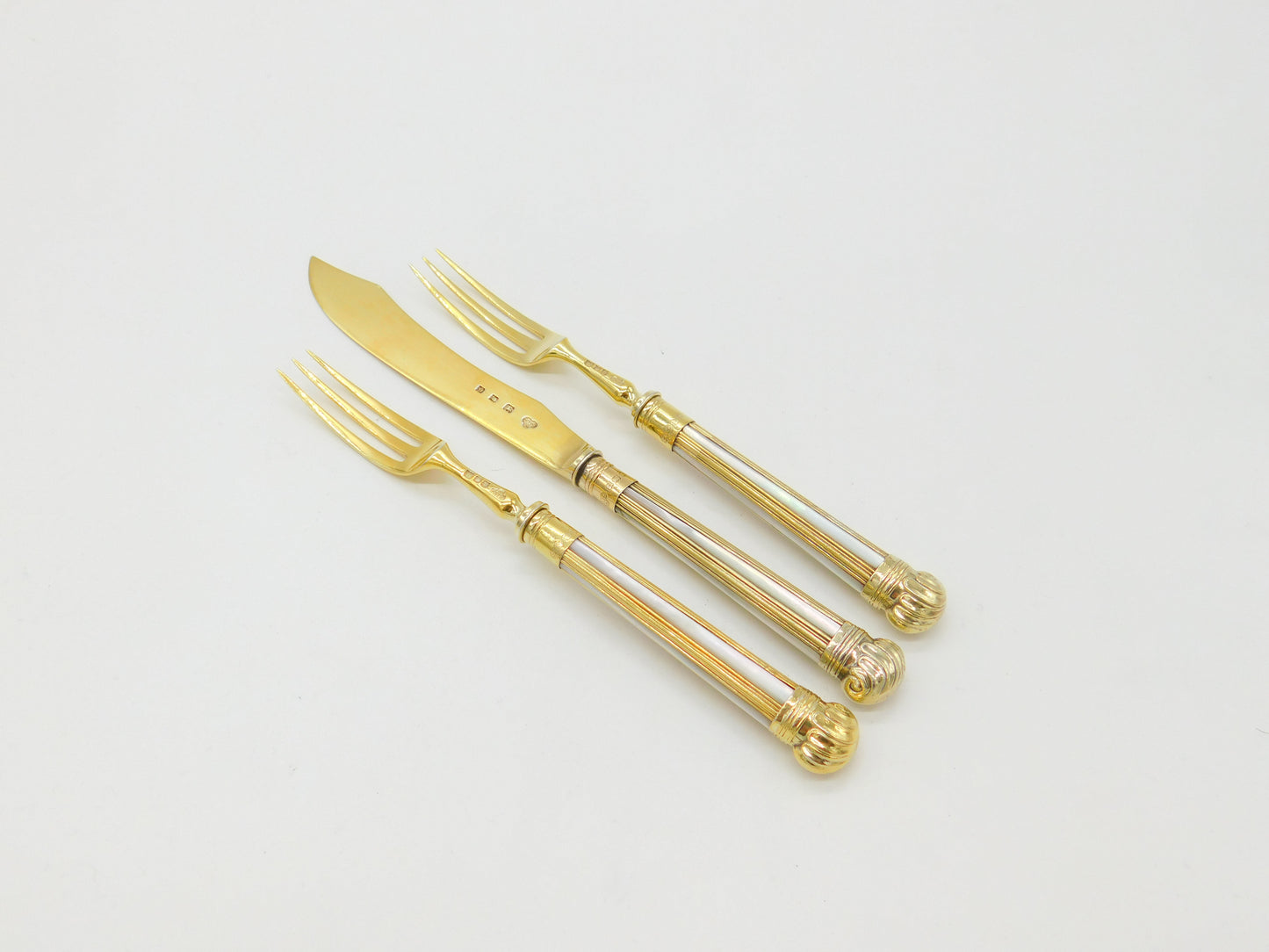 Sterling Silver Gilt & Mother of Pearl Fish Cutlery Set Antique 1930 London