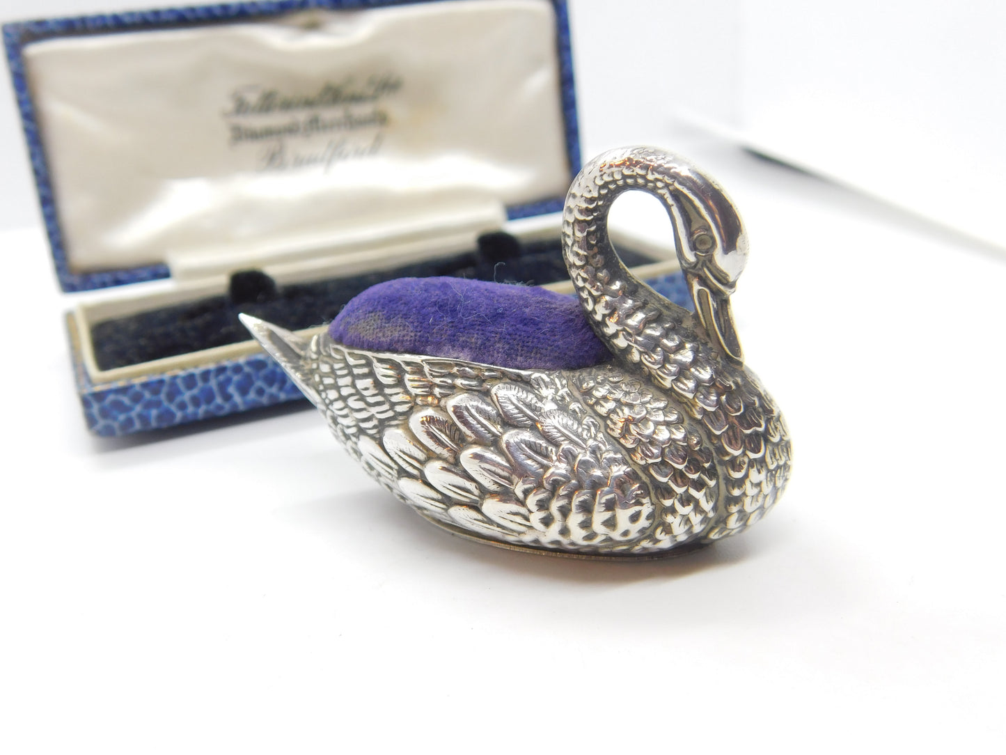 Sterling Silver Sitting Swan Pin Cushion Antique 1912 Birmingham Adie & Lovekin