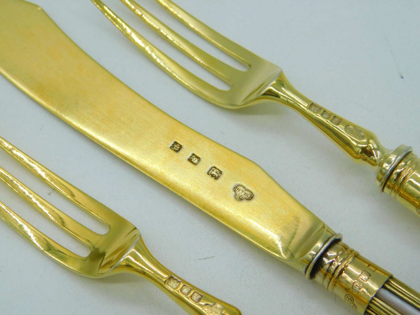 Sterling Silver Gilt & Mother of Pearl Fish Cutlery Set Antique 1930 London