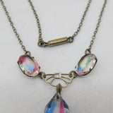 Art Deco Sterling Silver Faceted Iris Glass Floral Drop Necklace c1920 Antique