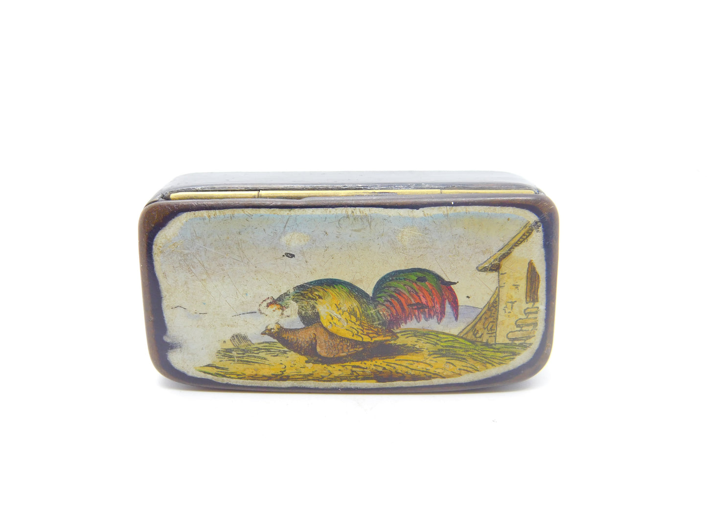 Early Victorian Papier Mache Raunchy Chicken Scene Snuff Box Antique c1840