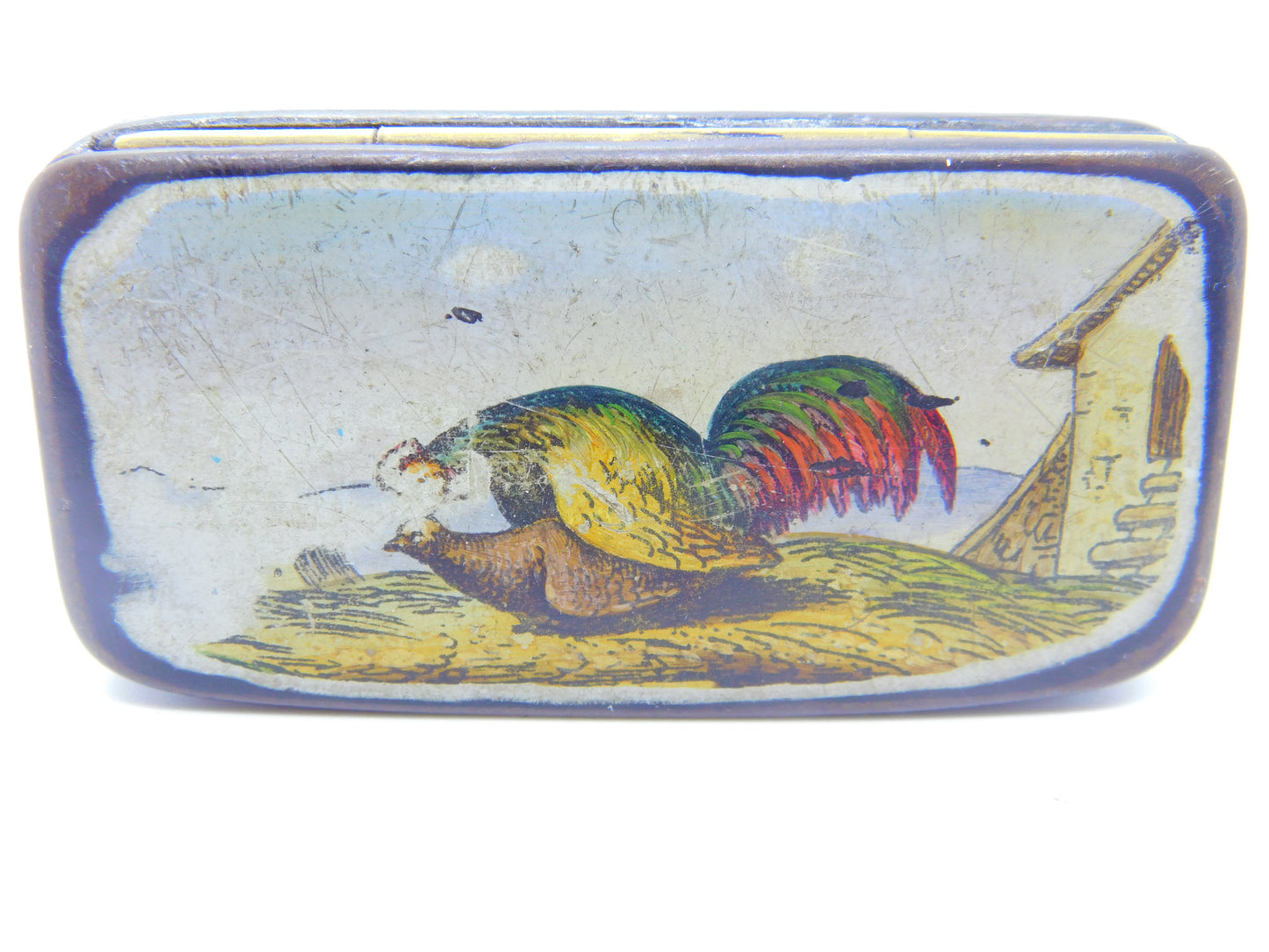 Early Victorian Papier Mache Raunchy Chicken Scene Snuff Box Antique c1840